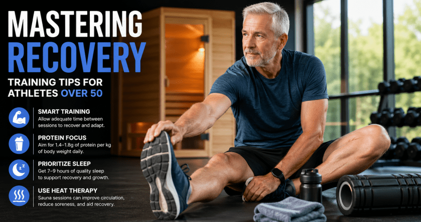 Fit athletes over 50 training and recovering with focus on performance, sleep, and healthy aging