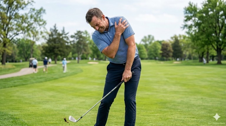 A golfer clutching their lead shoulder in pain during the follow-through of a golf swing.