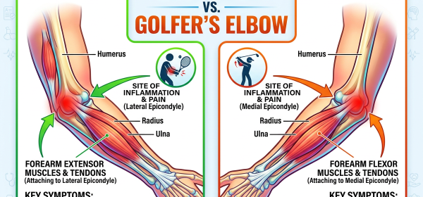 Anatomical diagram comparing the pain locations of Tennis Elbow on the outer elbow and Golfer's Elbow on the inner elbow.