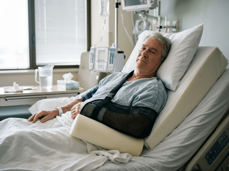 Hospitalized older man resting with injured arm in sling and foam support