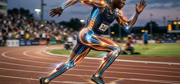 Male sprinter running with glowing muscle and skeleton animation overlay