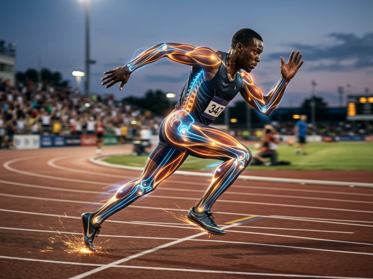 Male sprinter running with glowing muscle and skeleton animation overlay