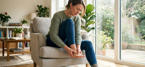Close-up of a person massaging their painful heel, illustrating plantar fasciitis symptoms.