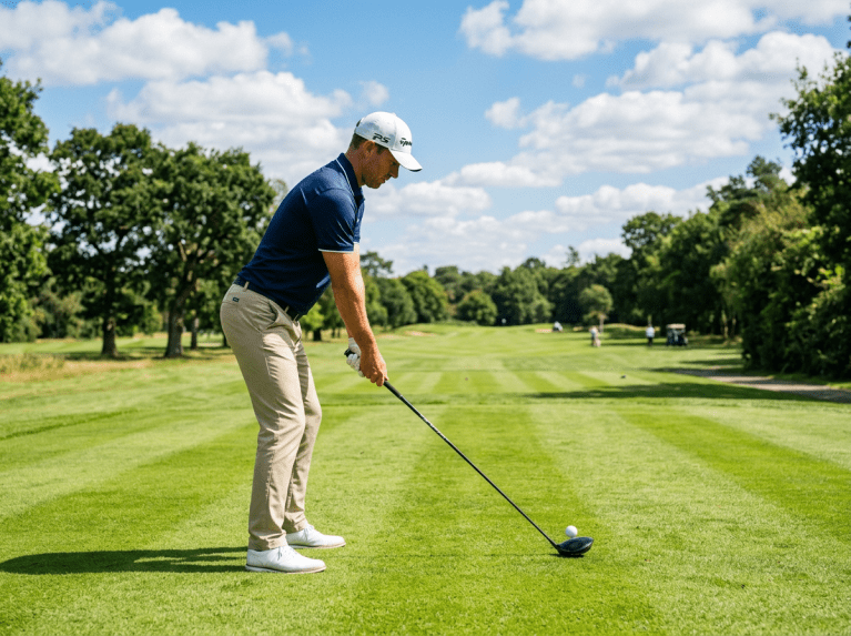 Close-up of a golfer about to strike a ball with a driver on a sunny fairway, showing integrated equipment.