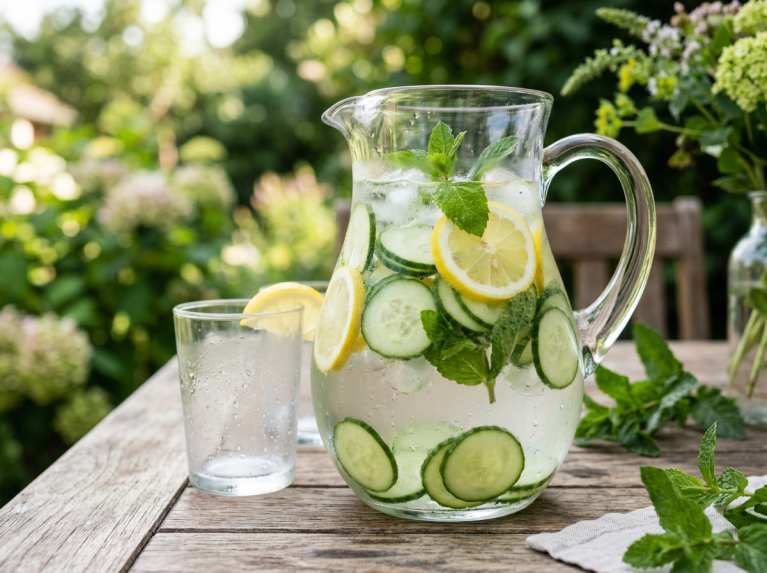 Infused water pitcher with cucumber and lemon slices for summer weight loss solutions.