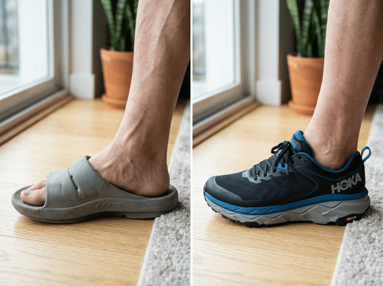 Left foot wearing a gray OOFOS slide; right foot wearing a black and blue HOKA running shoe indoors