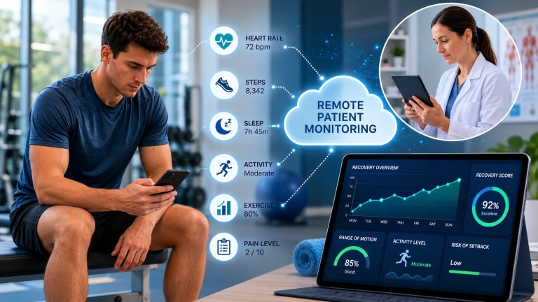 An athlete reviewing rehabilitation metrics on a smartphone while a sports medicine physician monitors recovery data including heart rate, range of motion, and pain levels on a remote patient monitoring dashboard.