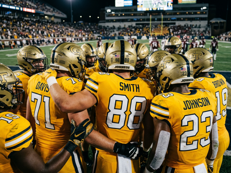 A close-up shot from behind a sports team huddle, showing athletes with arms locked wearing matching high-quality gold jerseys with clear numbers.