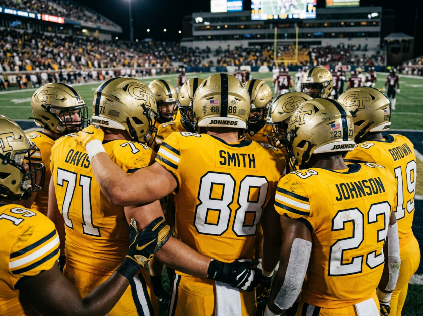 A close-up shot from behind a sports team huddle, showing athletes with arms locked wearing matching high-quality gold jerseys with clear numbers.