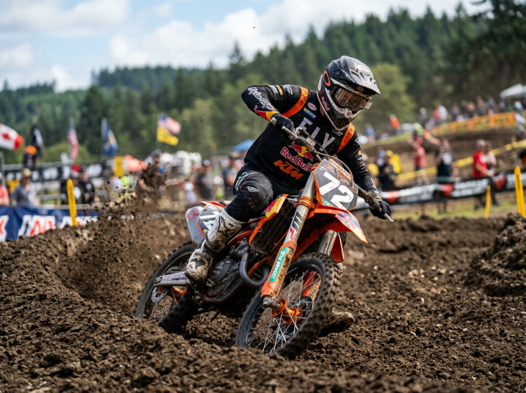 Motocross rider wearing full protective gear and maintaining proper riding posture on a dirt bike on an off-road track.