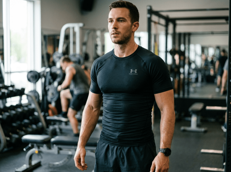 Man wearing a well-fitted black men's compression shirt as an athletic base layer for training