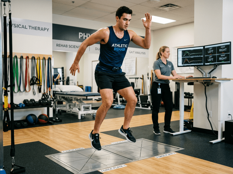 Athlete performing a functional assessment on force plates to capture objective force and movement data