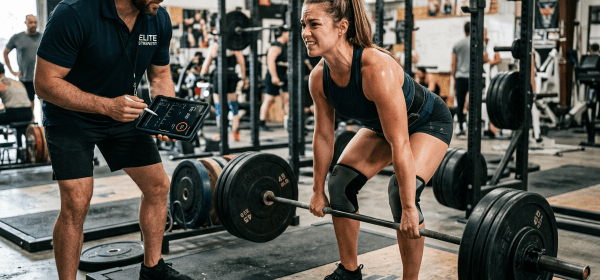 Female athlete performing deadlift with coach tracking data on tablet