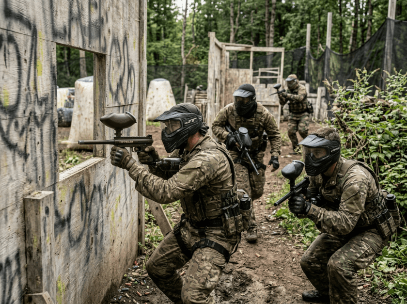Four players in camouflage uniforms and protective masks aiming paintball guns behind wooden barriers in a forested paintball field