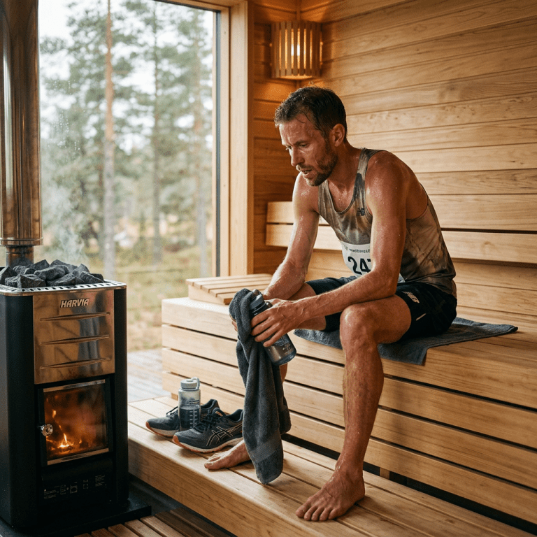 Endurance athlete sitting inside an infrared sauna for post-workout heat acclimation recovery