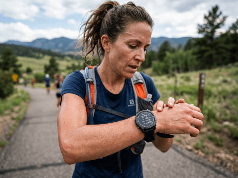 Endurance runner looking at smartwatch to check resting heart rate during aerobic recovery
