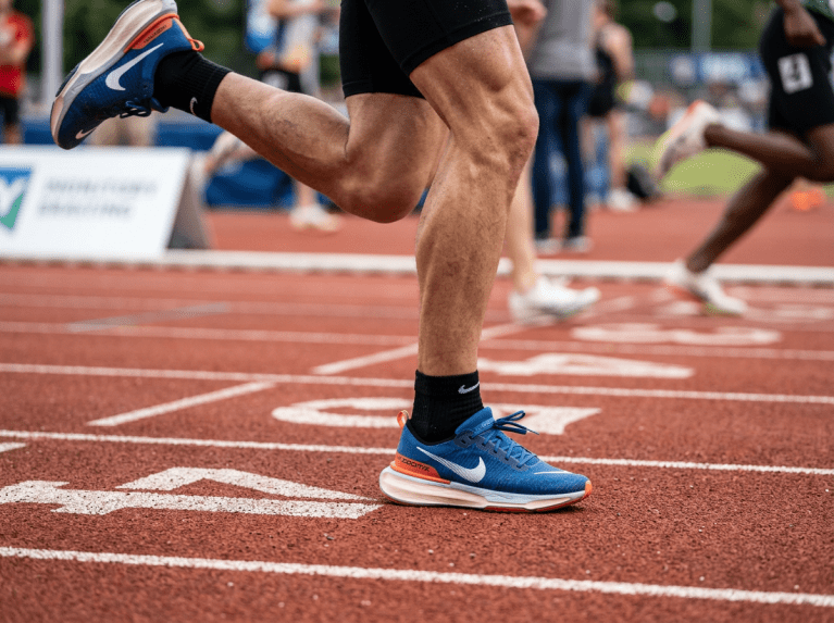 Close-up low angle shot of an athlete's feet and lower legs mid-stride on a running path, highlighting ankle alignment and foot mechanics