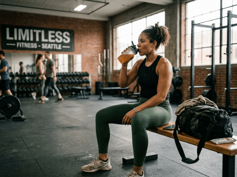Woman sitting on a bench in a gym drinking from a shaker bottle