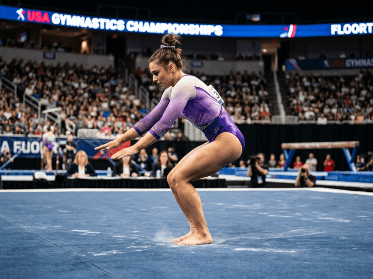 Female gymnast in purple leotard crouching preparatory stance on floor exercise mat