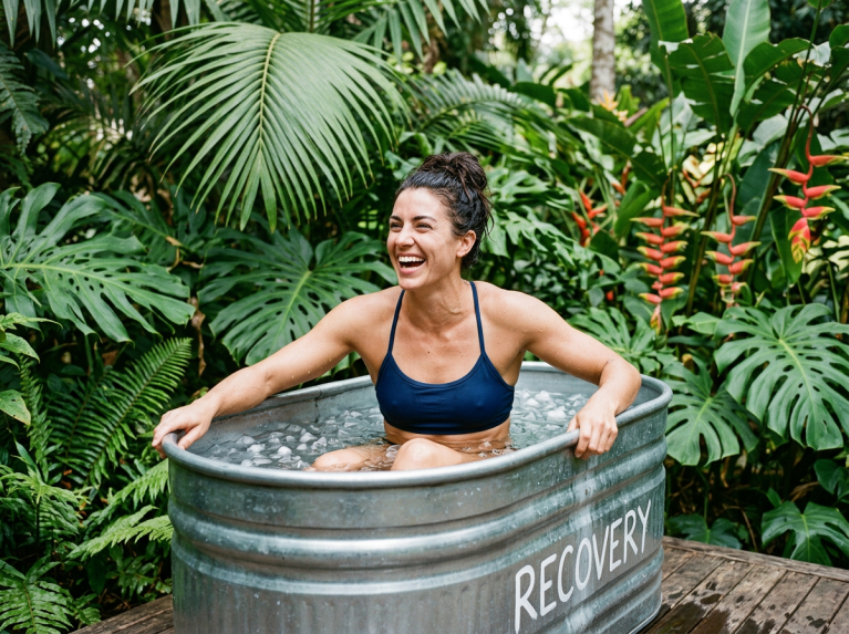 Woman laughing while sitting in a metal cold plunge tub labeled Recovery, surrounded by tropical plants
