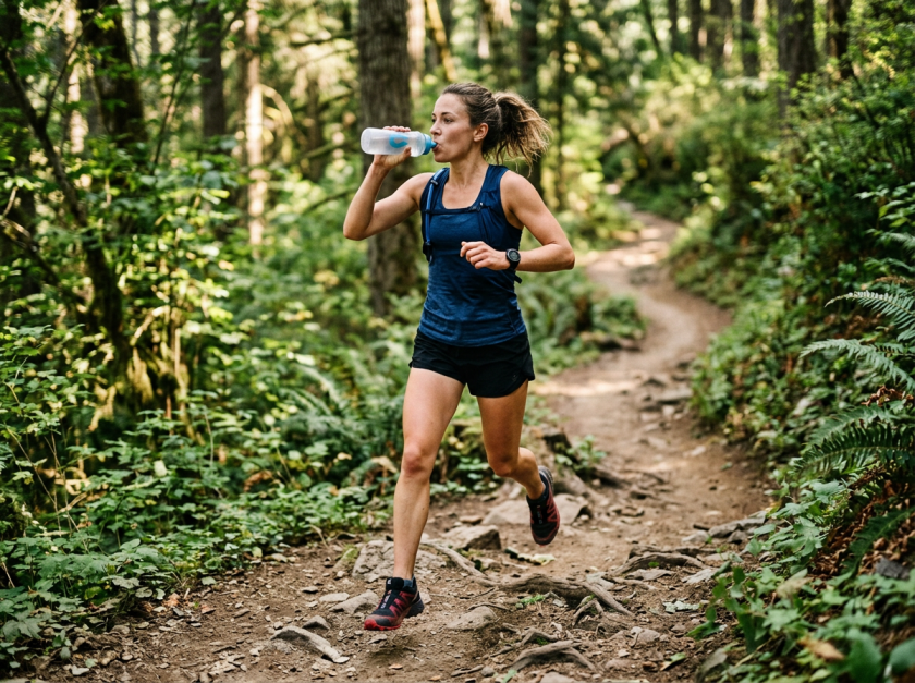 Female endurance athlete drinking from a hydration bottle while trail running through a forest