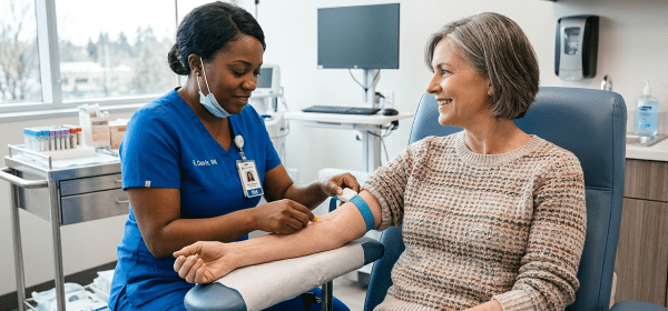 Healthcare provider drawing blood from a patient for routine lab testing in a clinical setting