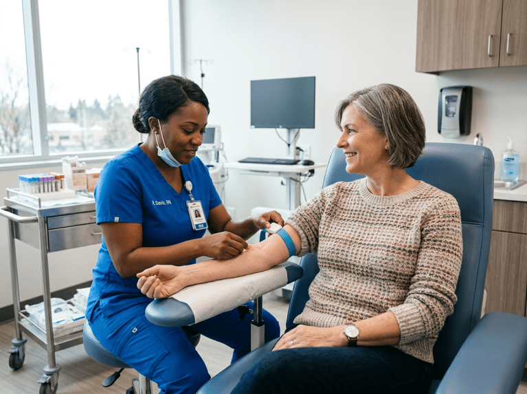 Healthcare provider drawing blood from a patient for routine lab testing in a clinical setting