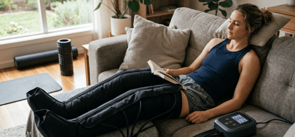 Woman reading a book on a couch while using intermittent pneumatic compression sleeves on her legs