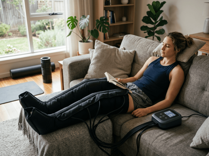 Femme lisant un livre sur un canapé tout en portant des manchons de compression pneumatique intermittente sur ses jambes