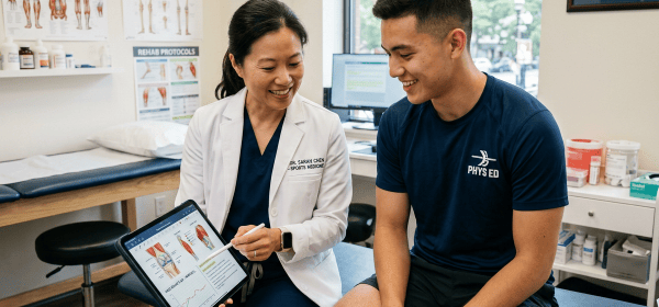 Sports medicine physician showing a tablet with rehabilitation information to an athlete during a clinic visit