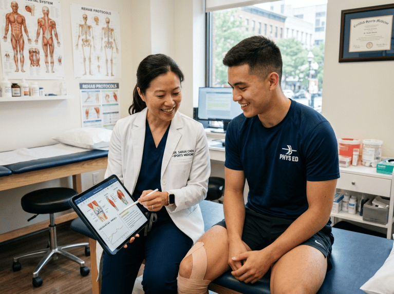 Sports medicine physician showing a tablet with rehabilitation information to an athlete during a clinic visit