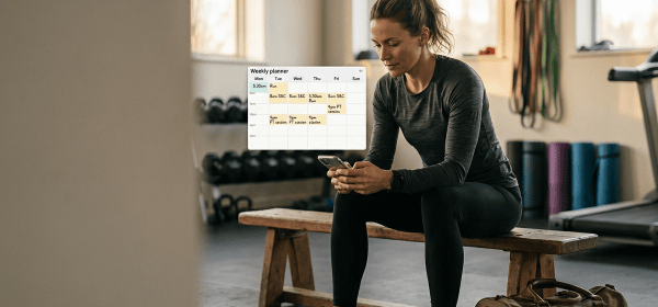 Woman checking phone beside a weekly planner in a gym