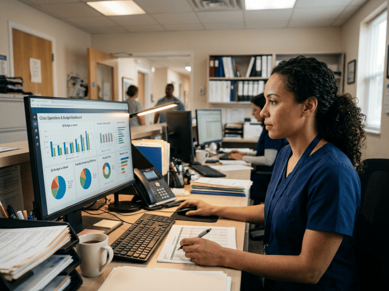 Clinic staff member reviewing a budget dashboard at her workstation