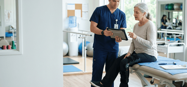 Nurse reviewing a recovery plan with a patient wearing a knee brace in an orthopedic clinic