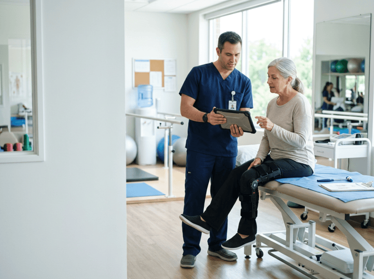 Nurse reviewing a recovery plan with a patient wearing a knee brace in an orthopedic clinic
