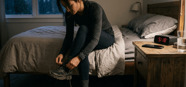 Athlete lacing running shoes at dawn