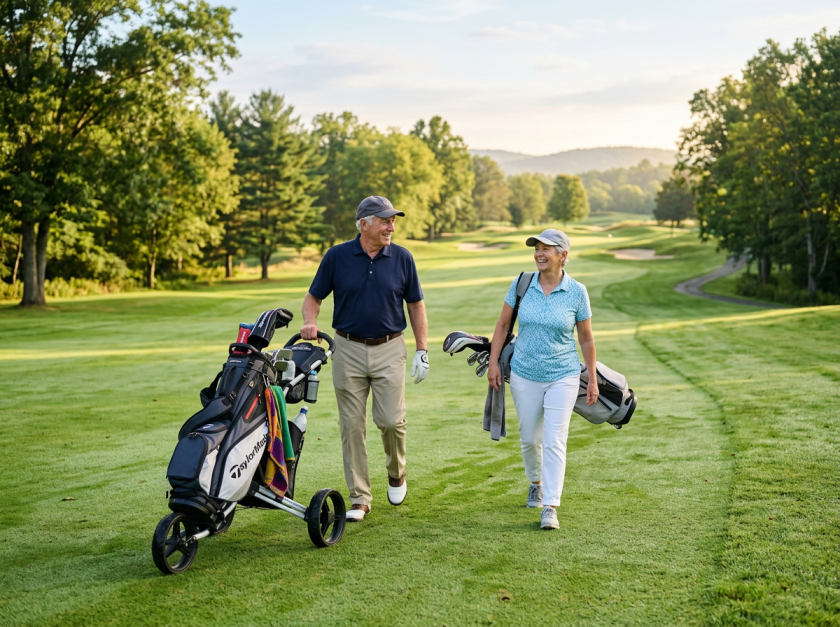 Two older golfers walking a fairway with a push cart